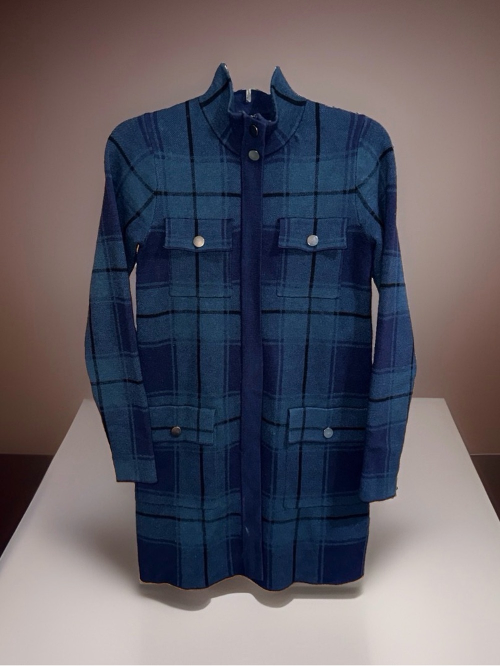 Max Studio Women’s Knit Blue Plaid Mid Length Coat-XS-EC